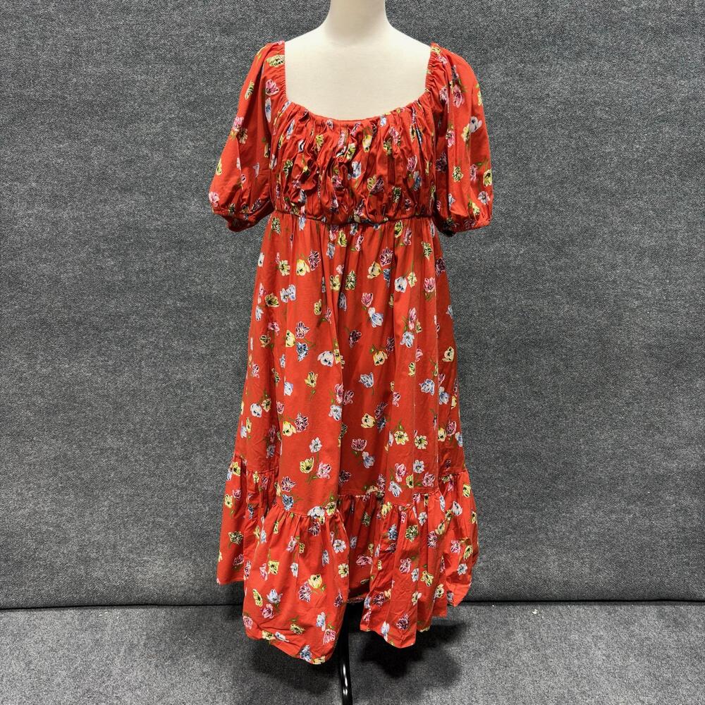 Kate Spade New York Dress Womens XL Red Floral Smocked Puff Sleeve Maxi Sundress